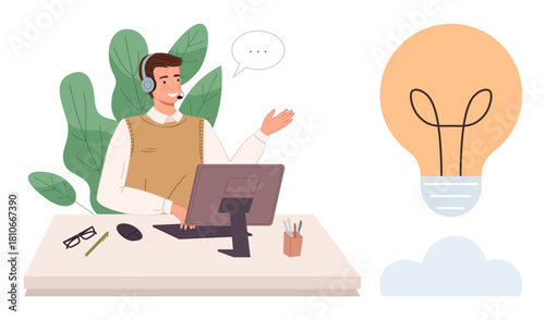 Man at desk in headset communicating, surrounded by greenery and a bulb representing ideas. Ideal for innovation, communication, online support, teamwork, brainstorming, outreach, remote