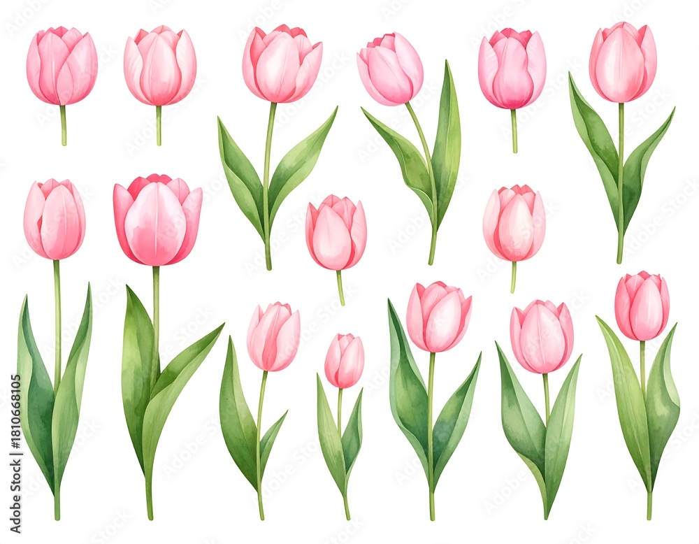 Obraz premium Collection of pink tulip flowers with long green stems on a white background