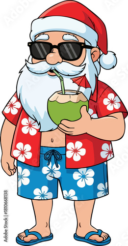 Cartoon Santa Claus on Summer Tropical Vacation