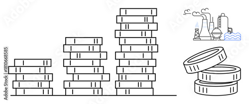 Increasing stacked coins showing wealth growth alongside an industrial factory emitting smoke. Ideal for finance, investment, economics, wealth, business, industry, sustainability. Simple flat