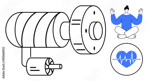 Engine gear system alongside meditating person and heartbeat icon. Ideal for innovation, health balance, engineering, mindfulness, wellness, energy flow, lifestyle. Simple flat metaphor