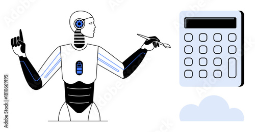 AI robot analyzing and interacting with a digital calculator using a stylus. Ideal for technology, robotics, AI innovation, automation, programming, problem-solving, and futuristic themes. Simple