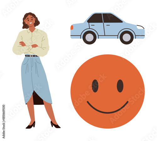 Woman in professional attire standing with a parked blue car and a large orange happy face. Ideal for themes on confidence, mobility, optimism, lifestyle, success, positivity, and independence. Flat