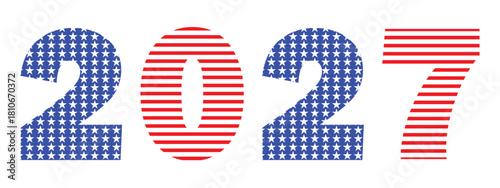 patriotic 2027 text icon in american flag style, featuring stars and stripes design. usa independence day celebration number typography for 4th of july, election, or national holiday themes.