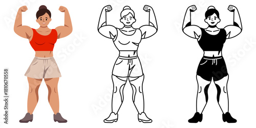 Flat vector illustration of a confident young woman bodybuilder