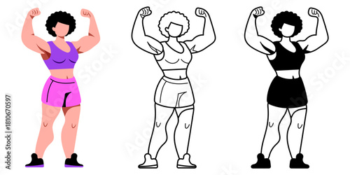 Flat vector illustration of a young female bodybuilder