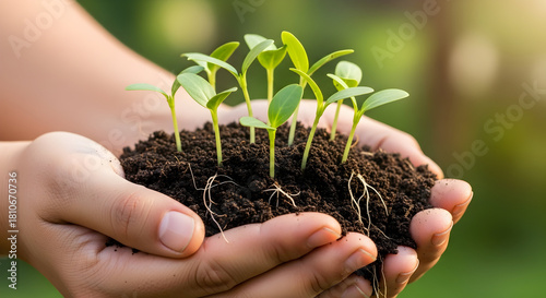 Hands holding fertile soil with green seedlings growing symbolizing ecology protection and sustainab 21632427 1