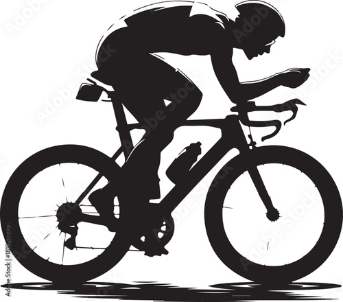 Black silhouette of triathlete cycling, white background, minimal style