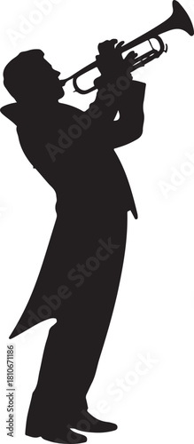 black silhouette of trumpeter on white background, vector