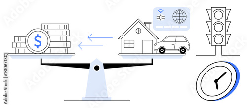 Scale balancing stack of cash with house, car, and technology icons showing trade-offs. Ideal for finance, investments, budgeting, resource allocation, decision-making, priorities and cost-value