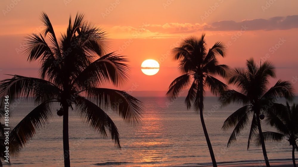 Obraz premium Tropical sunset over the ocean with silhouetted palm trees