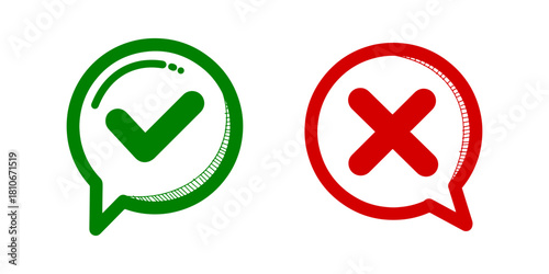 Green Checkmark and Red Cross in Speech Bubble Icons for Approval and Error