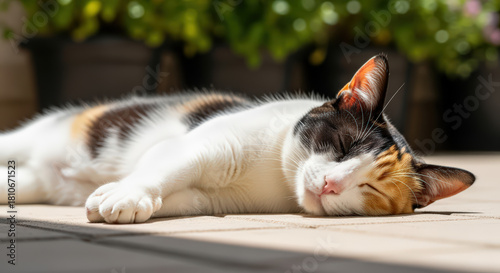 Sleeping Calico Cat Relaxing in Sunny Outdoor Space
