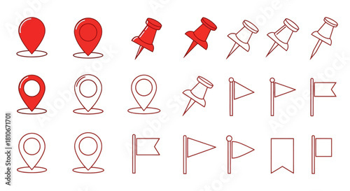 Red Map Pin and Flag Icon Set Vector - Location Marker UI Elements