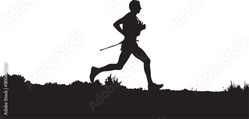 Black silhouette of ultra marathon runner, white background, minimal style