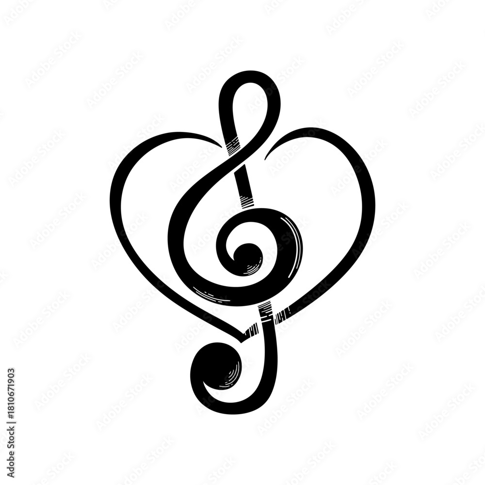 Fototapeta premium Treble Clef Music Note in Heart Shape Black Vector Illustration