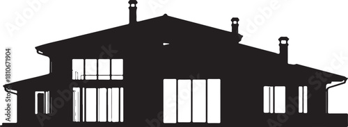 black silhouette of villa house on white background, vector