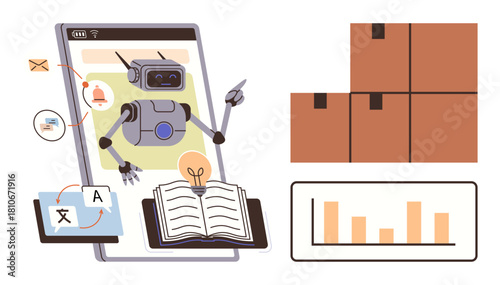 Robot operating via a smartphone, analyzing text, managing tasks, translating languages, organizing packages, and reviewing data graphs. Ideal for technology, automation, learning logistics data
