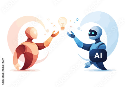 Illustrative concept depicting the symbiotic relationship and innovative idea exchange between human creativity and artificial intelligence for future advancement