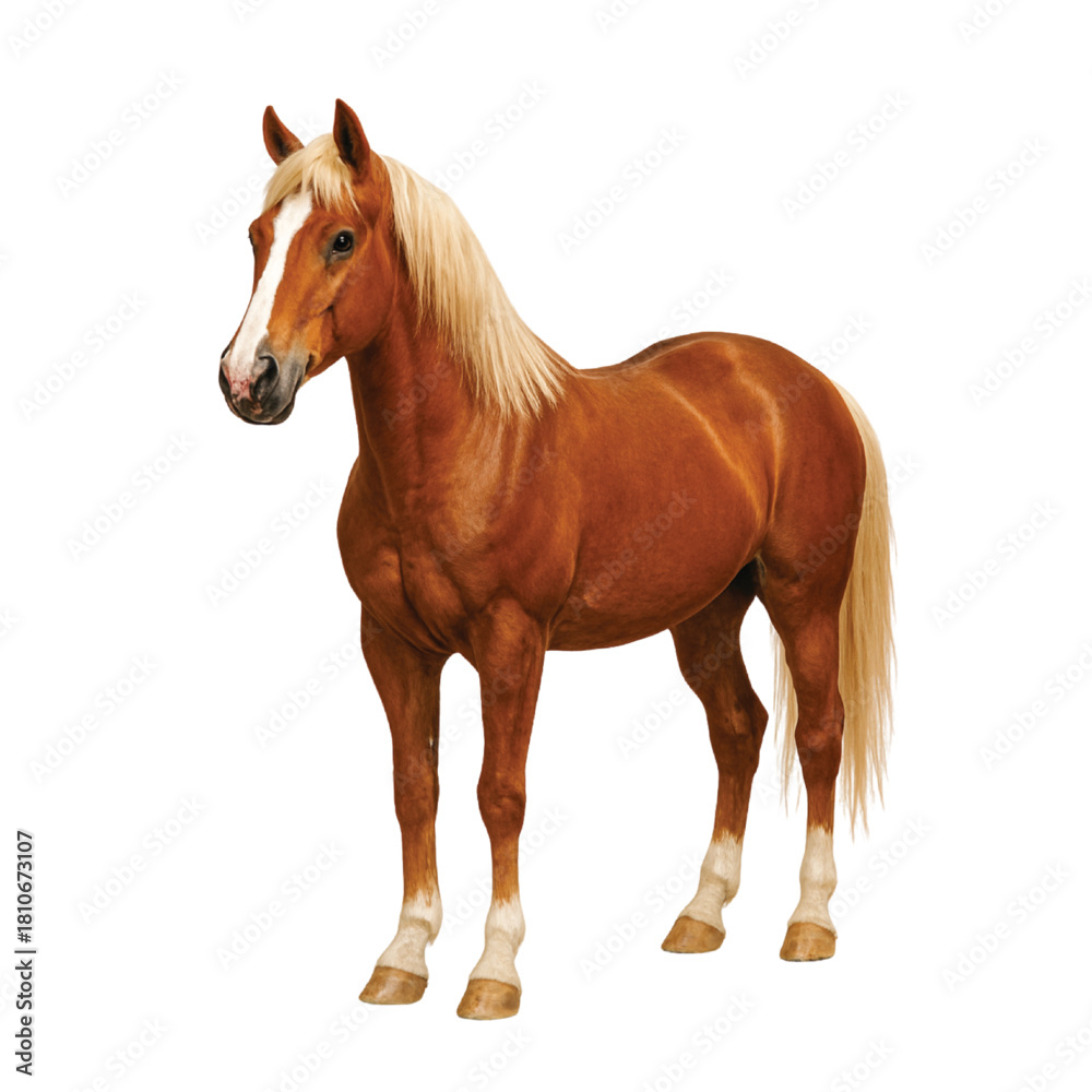 Fototapeta premium A beautiful chestnut horse with a flaxen mane and tail standing isolated against a clean white background.