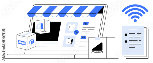 Laptop screen displaying e-commerce store with products, packaging box, wireless signal, and documents. Ideal for shopping, technology, e-commerce, retail, communication logistics digital