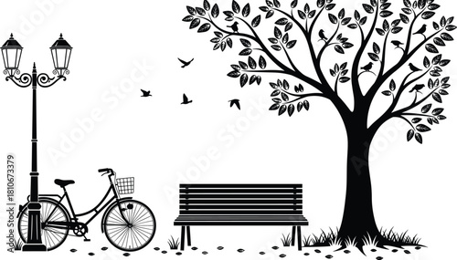 Black silhouette vector of park scene with big tree wooden bench bicycle and street lamp isolated on white background design.