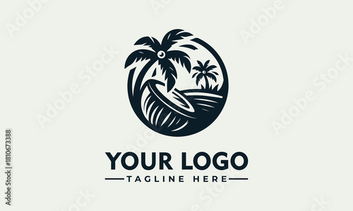 Tropical Beach Summer Vacation Vector Logo Illustration with Palm Trees and Surfboard Design