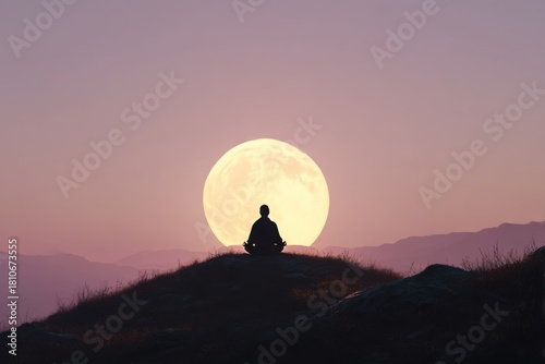 a single person meditating on a calm hill during sunset