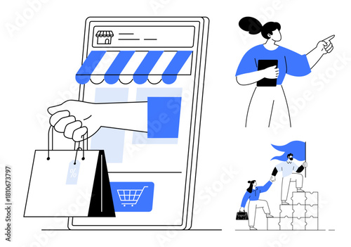 Giant smartphone with a storefront and shopping bags, a woman gesturing with a tablet, and team collaboration on steps. Ideal for e-commerce, teamwork, mobile shopping, digital business, online