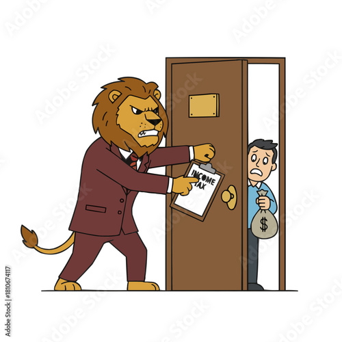Cartoon lion demanding income tax from nervous man holding money bag, financial pressure concept, deadline approaching, tax season stress, accounting problems