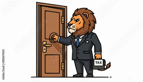 Determined lion businessman with tax briefcase knocks assertively on success door, symbolizing financial challenges and opportunities for growth