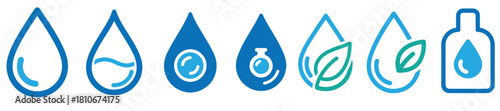 Collection of water drop icons representing purity, hydration, and ecofriendliness, isolated on transparent background these symbols convey freshness, sustainability, and environmental consciousness, 