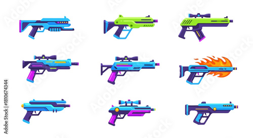 Collection of futuristic laser guns, sci-fi weapons, and high-tech blasters with vibrant neon colors