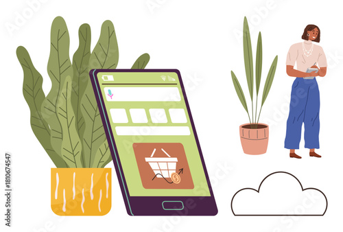 Large tablet with shopping cart app, lush houseplants in pots, contemplative woman holding notebook, cloud shape. Ideal for e-commerce, sustainability, smart shopping, creativity, planning