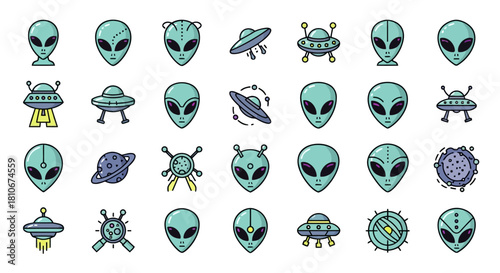 Alien Icons Set Extraterrestrial Heads & UFOs Graphic Collection