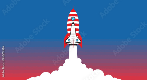 Bold illustration of a striped rocket blasting off into a gradient sky, symbolizing aspiration, progress, and the pursuit of new frontiers