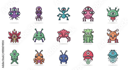 Cute cartoon alien characters with big eyes and antennae, in a variety of colors and shapes