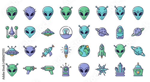 Collection of Space-Themed Icons Featuring Aliens, Planets, UFOs, and Rockets