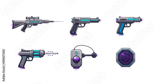 Collection of Futuristic Pixel Art Weapon Icons for Game Design, Featuring Sci-Fi Firearms, Rayguns, and Scanning Devices with Glowing Purple Accents
