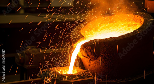 Hot molten metal flowing from foundry crucible during industrial smelting process with glowing orang 36298236 1