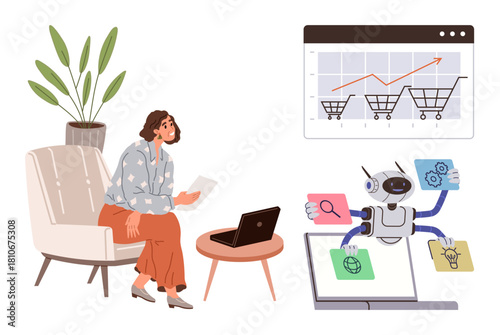 Woman seated with laptop and documents, observing a robot managing online functions. Graph of shopping carts above. Ideal for e-commerce, automation, technology, analytics, marketing, productivity