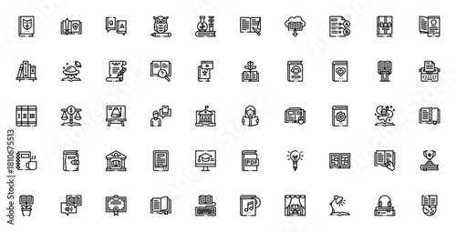 Literacy icon set. Vector illustration pack. Include symbols for book, reading library, education, onlin learning, research, writig, literature and more.