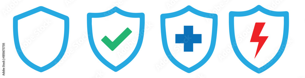 Fototapeta premium Shield icons set with different symbols inside, including a check mark, a plus sign, and a lightning bolt, all isolated on transparent background for easy use in your designs