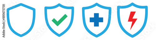 Shield icons set with different symbols inside, including a check mark, a plus sign, and a lightning bolt, all isolated on transparent background for easy use in your designs