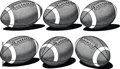 American football ball sketch set, black and white textured vector sports collection.