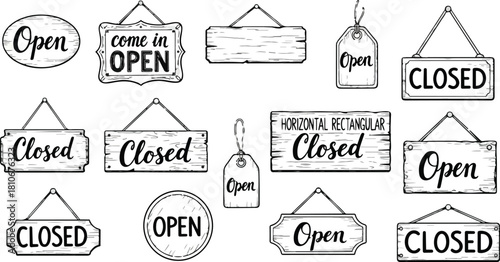 Assortment of hand-drawn open and closed shop signs