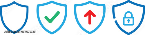 Art & IllustrSet of shield icons with check mark, arrow up, and lock symbols, isolated on transparent background, ideal for security, approval, and data protection concepts