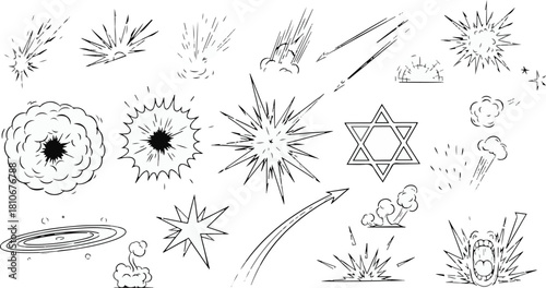 Black and White Comic Book Style Explosion and Impact Graphics Keywords: explosion, comic