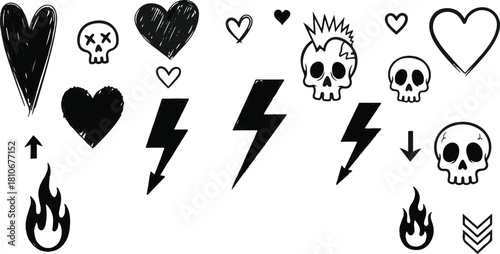 Black and White Hand Drawn Skulls Hearts and Lightning Bolts Keywords skull, heart, lightning