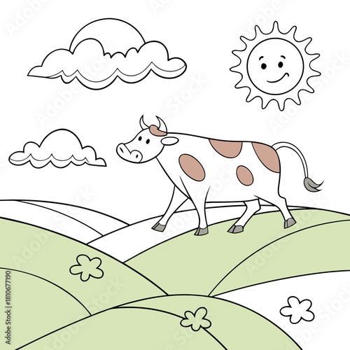 A happy cow grazes on a sunny day, isolated on